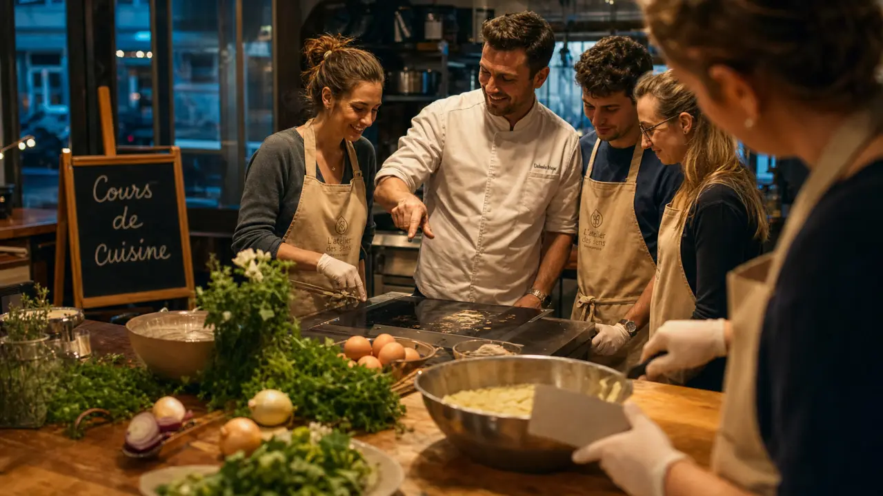 Cours cuisine Lyon en atelier convivial : chef et participants cuisinant