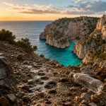 Endroit paradisiaque France : calanque turquoise au lever du soleil, falaises calcaires