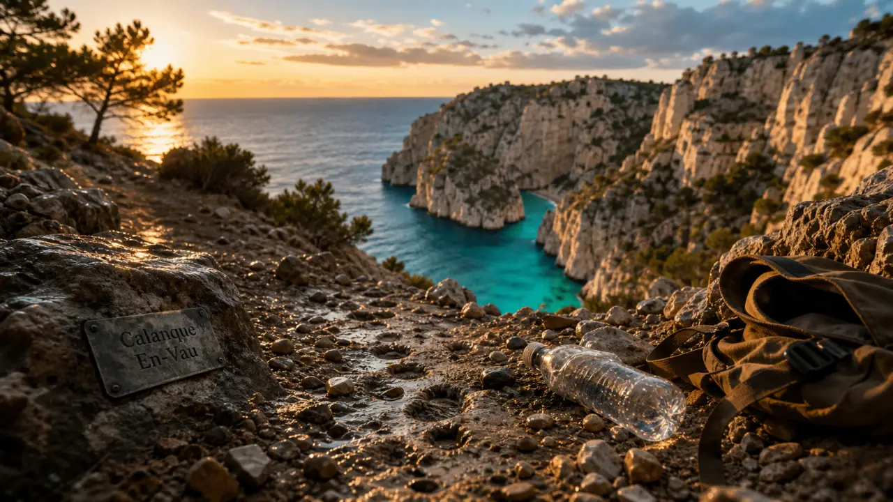 Endroit paradisiaque France : calanque turquoise au lever du soleil, falaises calcaires