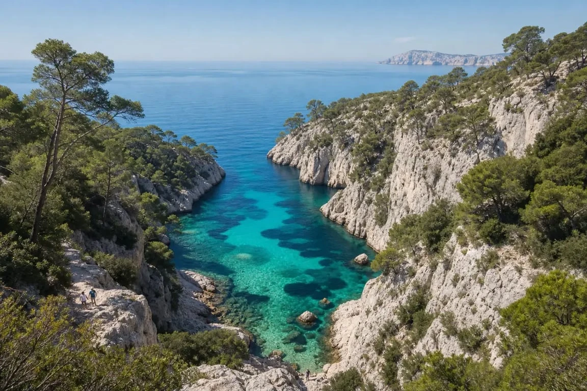 Un endroit paradisiaque en France avec une calanque turquoise, des falaises calcaires et une lumière méditerranéenne