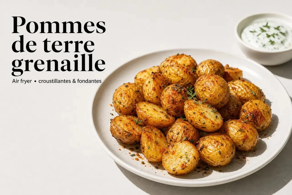 Pommes de terre grenaille air fryer dorées et croustillantes servies dans une assiette