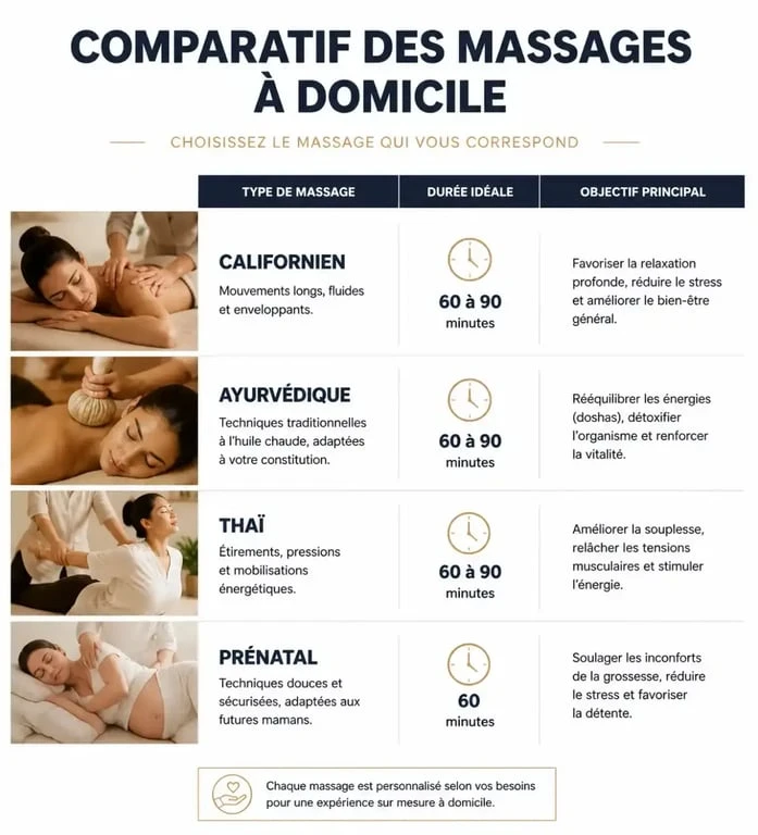 Tableau comparatif des différents types de massages à domicile pour choisir le soin adapté à vos besoins
