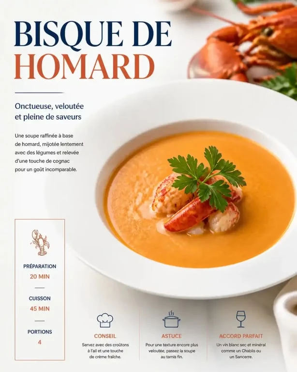 Recette de bisque de homard maison onctueuse et raffinée servie dans une assiette
