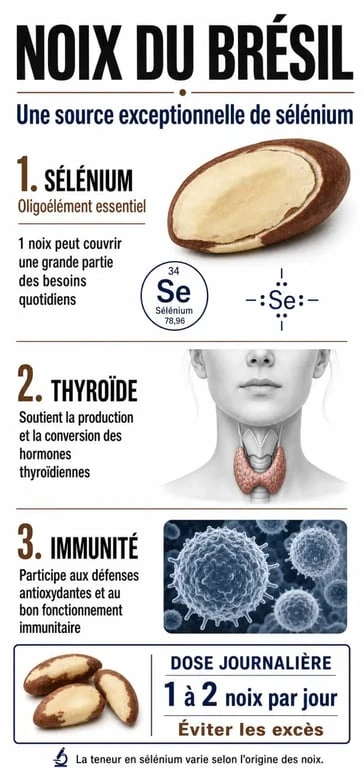 Infographie des bienfaits santé et teneur en sélénium de la noix du Brésil