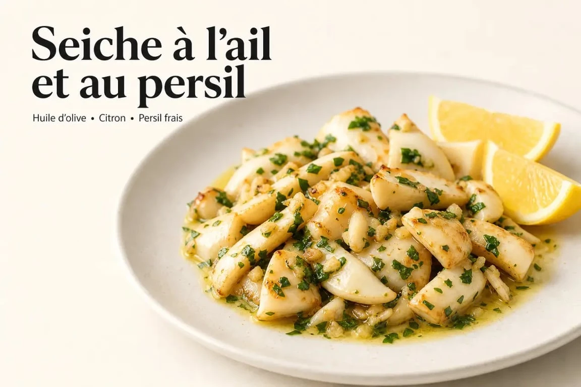 Recette seiche à l'ail et au persil servie avec citron et persil frais