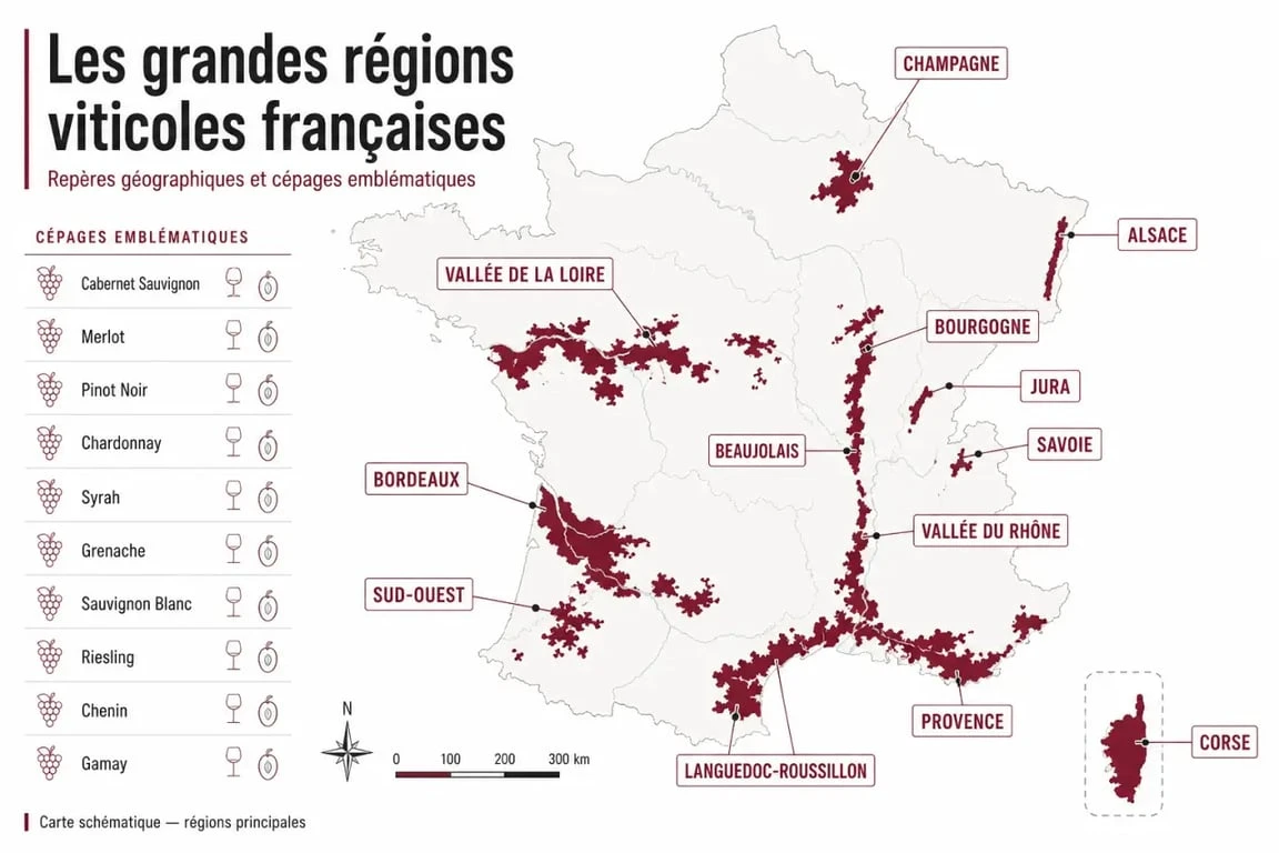 Carte des régions viticoles françaises et leurs cépages emblématiques