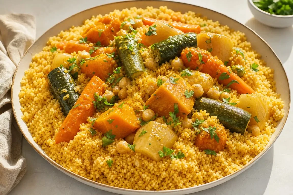 couscous legumes recette : plat familial de couscous aux légumes avec semoule légère, pois chiches et bouillon parfumé