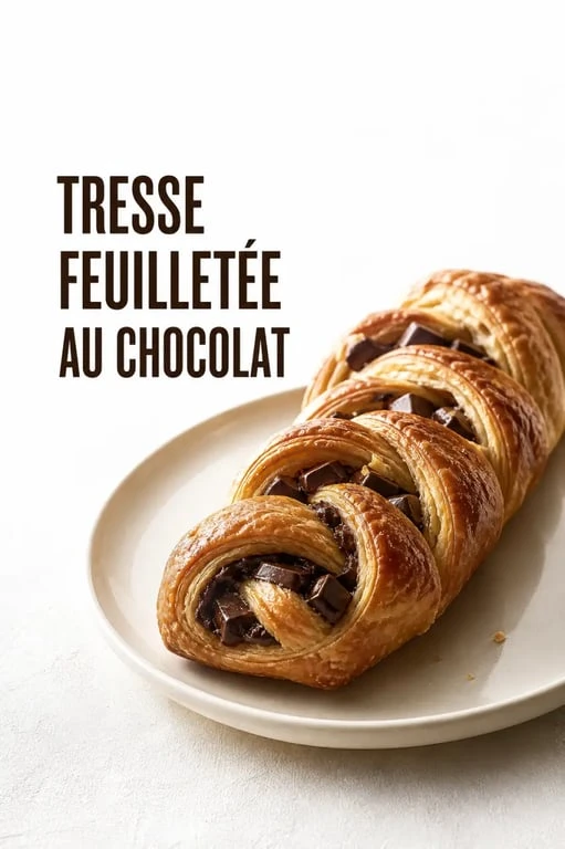 Recette gâteau avec pâte feuilletée facile : tresse feuilletée au chocolat dorée sur assiette