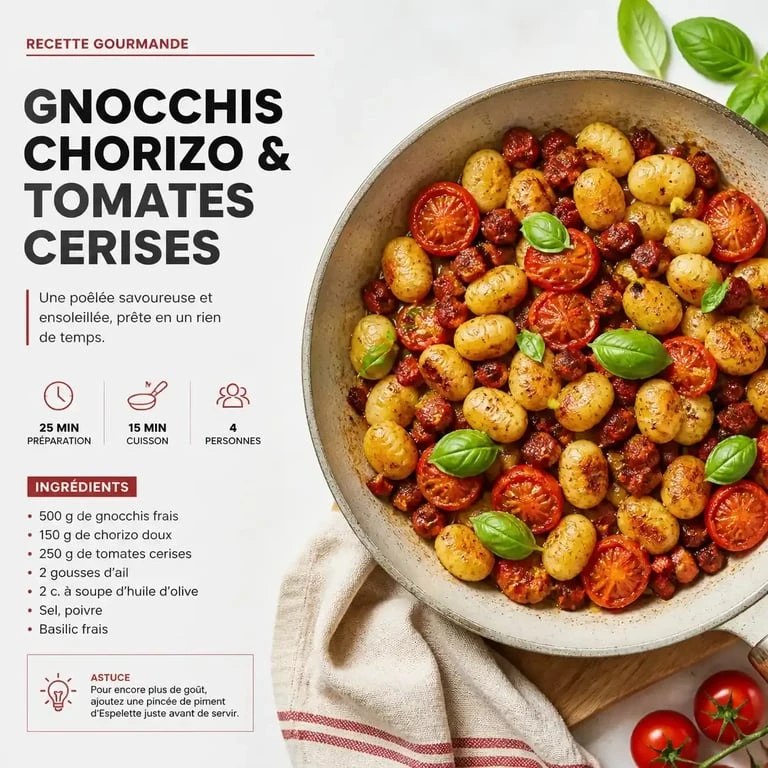 Poêlée de gnocchis au chorizo et tomates cerises, une recette simple et gourmande.