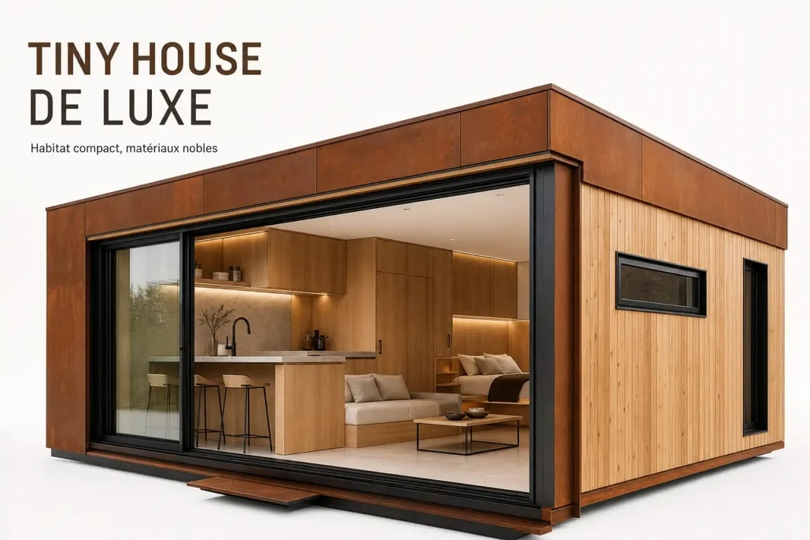 Tiny house luxe haut de gamme avec intérieur lumineux, finitions premium et grande baie vitrée