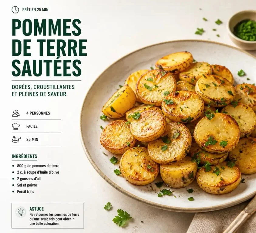 Recette de pommes de terre sautées dorées et croustillantes dans une assiette