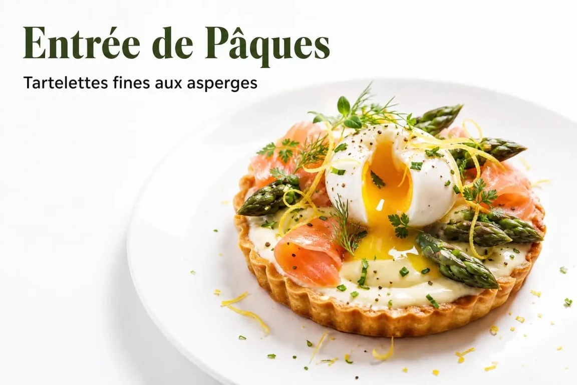 Entrée pâques gastronomique de tartelettes fines aux asperges, œuf mollet et saumon fumé dressée sur assiette blanche