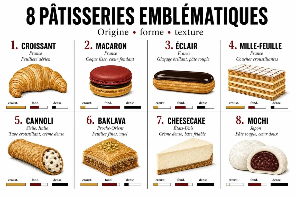 Pâtisserie connu : illustration comparative des pâtisseries connues françaises et internationales