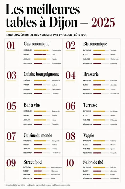 Infographie des les 10 meilleurs restaurants à Dijon Côte-d'Or 2025 classés par type d'adresse et occasion