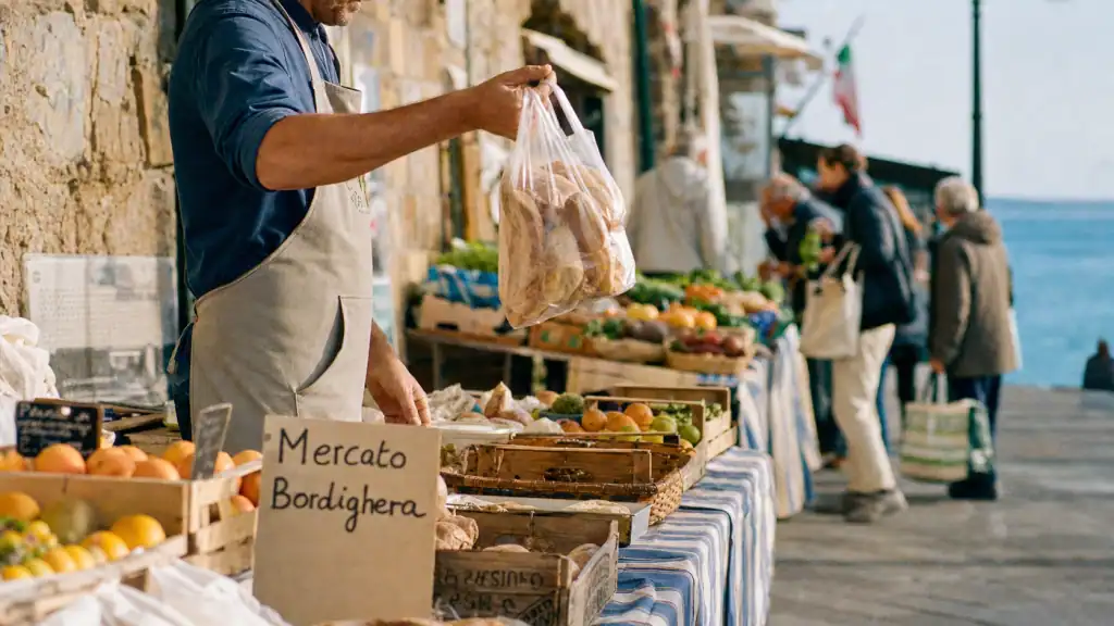 Marche bordighera jeudi matin, étals au bord de mer et fruits