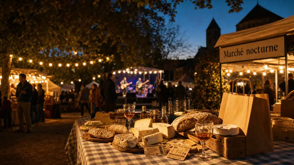 Marché nocturne Cluny au Parc Abbatial, stands à la golden hour