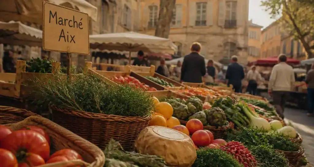 Marchés aix en provence : étals de fruits et fromages sur place