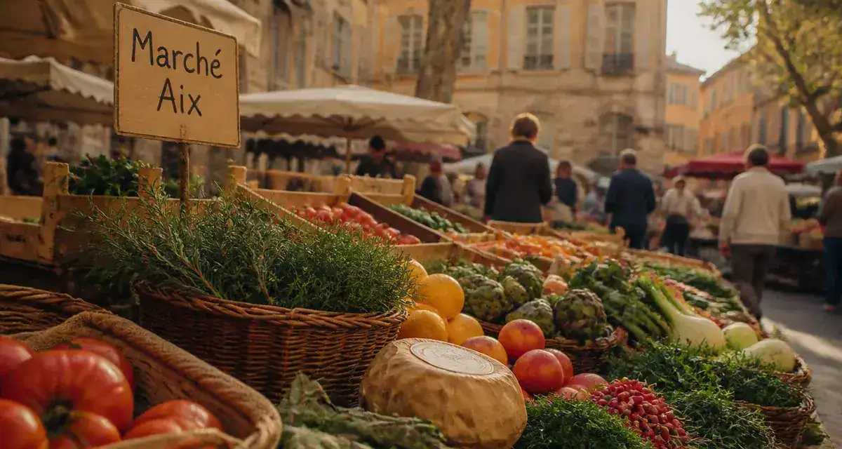 Marchés aix en provence : étals de fruits et fromages sur place