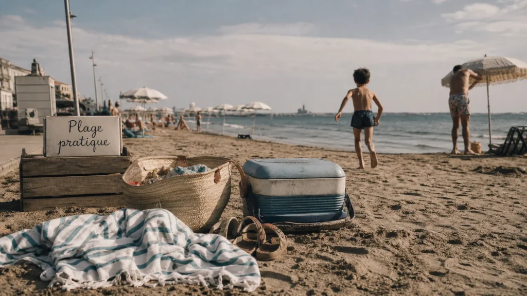 Montpellier plage : serviette et parasol sur la côte vers Palavas, Carnon ou Villeneuve