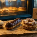 Patisserie connu : macarons, éclair au chocolat, Paris-Brest sur table en chêne
