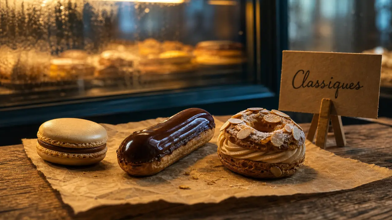Patisserie connu : macarons, éclair au chocolat, Paris-Brest sur table en chêne