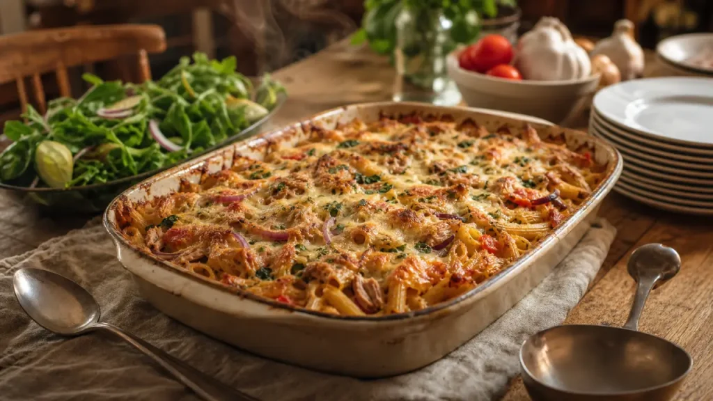 Repas pas cher pour 12 personnes : gratin de pâtes au thon et légumes fumant