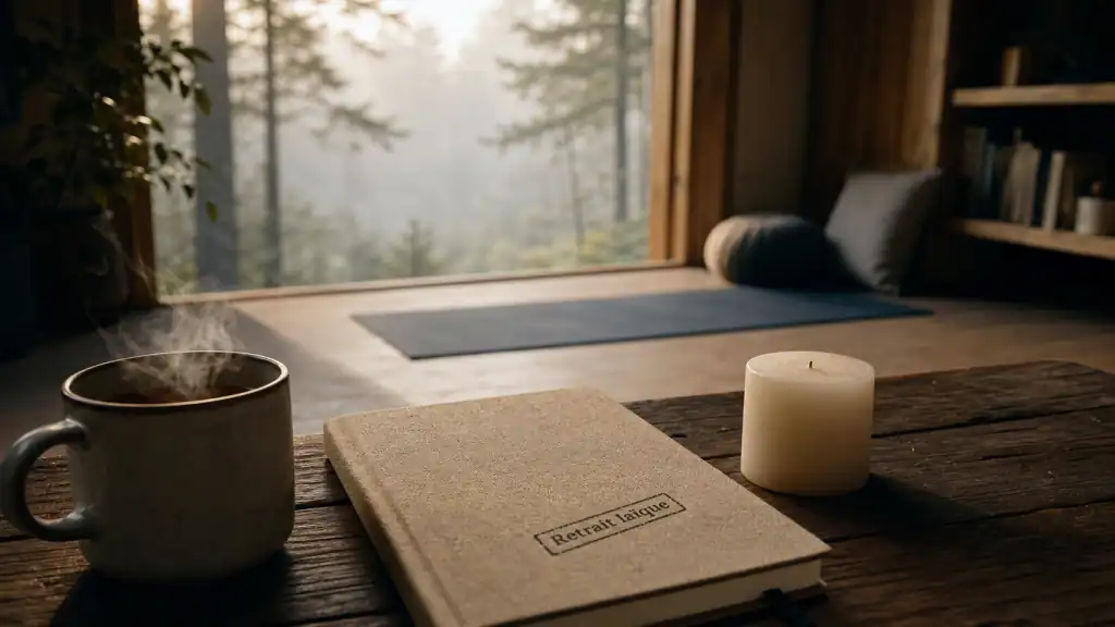 Retraite spirituelle non religieuse : silence, nature, intérieur avec carnet et bougie