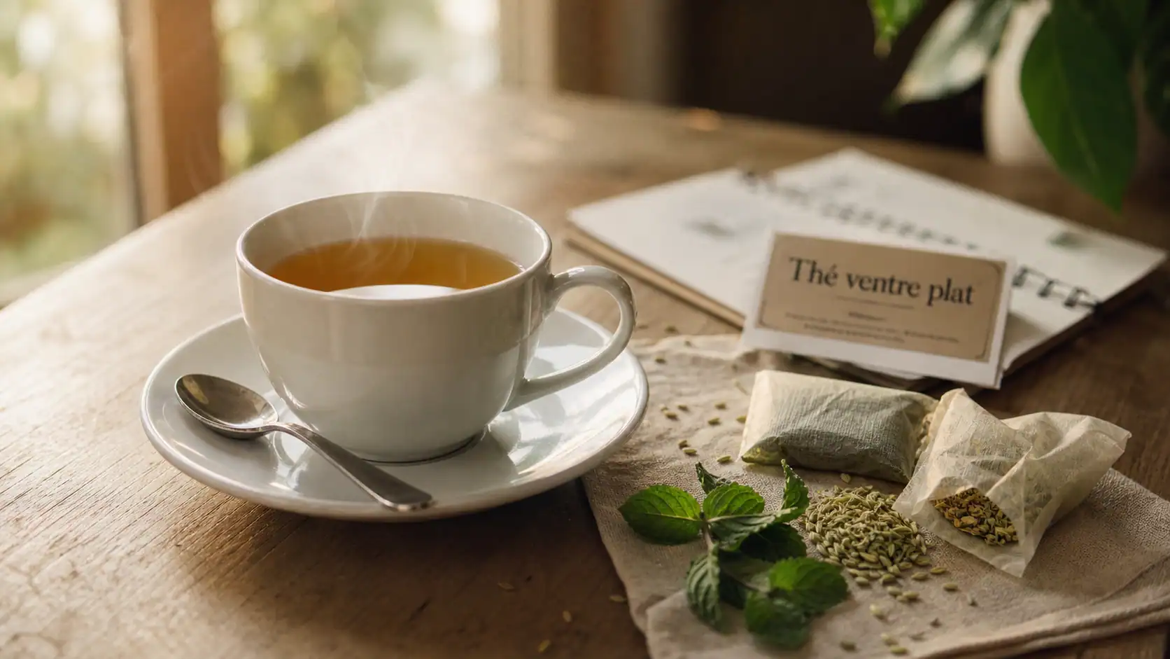 The pour ventre plat : tisane aux plantes en tasse