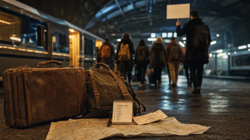 Voyage solo en groupe : valise, sac et voyageurs vers la gare