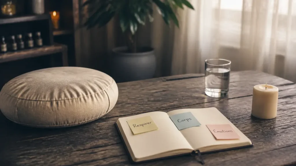 Bien-être holistique : équilibre respiration, corps et émotions sur une table calme