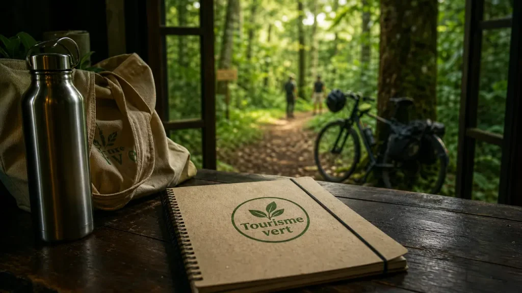 Def tourisme vert : carnet, gourde et nature en forêt humide
