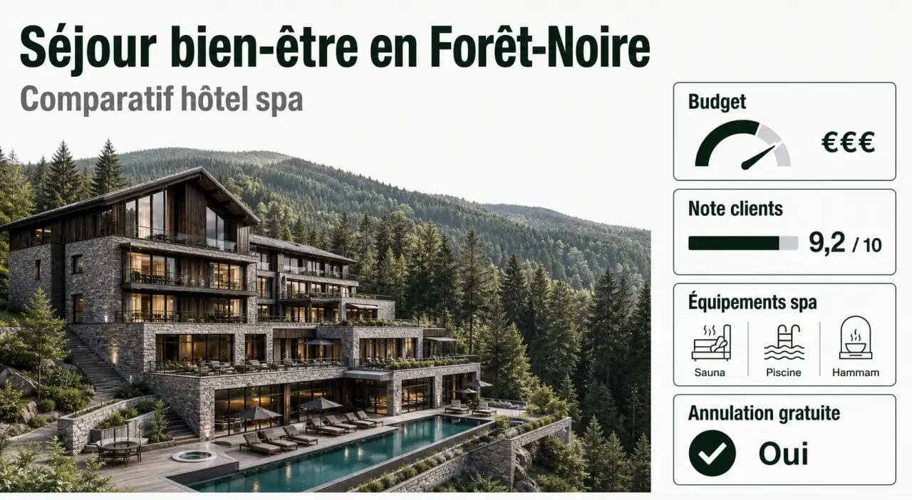 forêt noire hotel spa : visuel comparatif des critères budget, note clients, équipements wellness et annulation