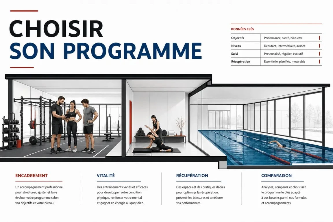 Remise en forme centre : visuel éditorial d’un centre avec coach, piscine et espace de récupération