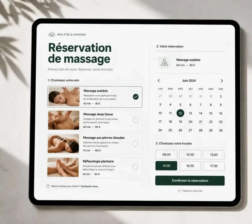 Interface de réservation en ligne pour un massage Balinea