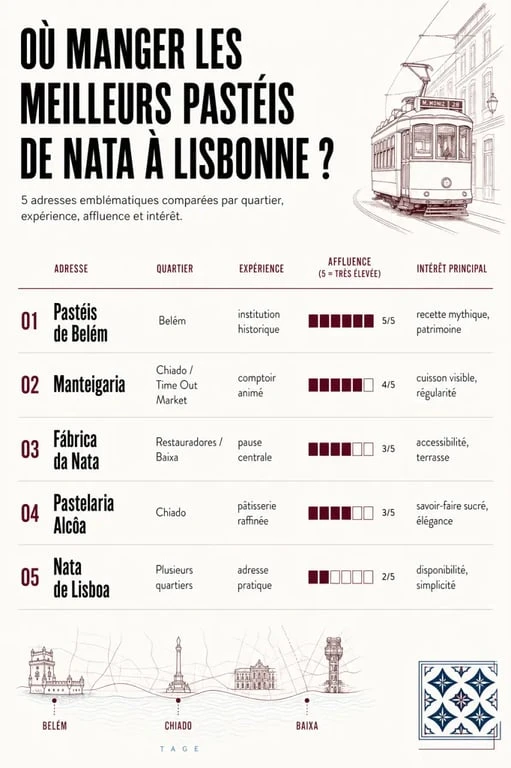 Infographie des meilleurs pastéis de nata Lisbonne avec comparatif des adresses et quartiers
