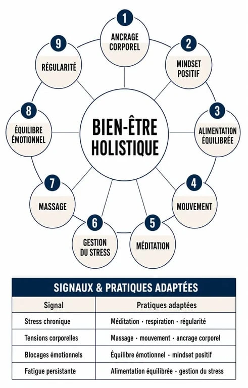 Infographie bien-être holistique : 9 piliers et pratiques pour débuter