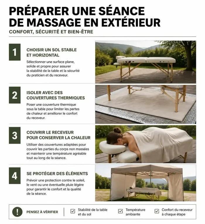 Guide visuel des étapes pour préparer une séance de massage en pleine nature