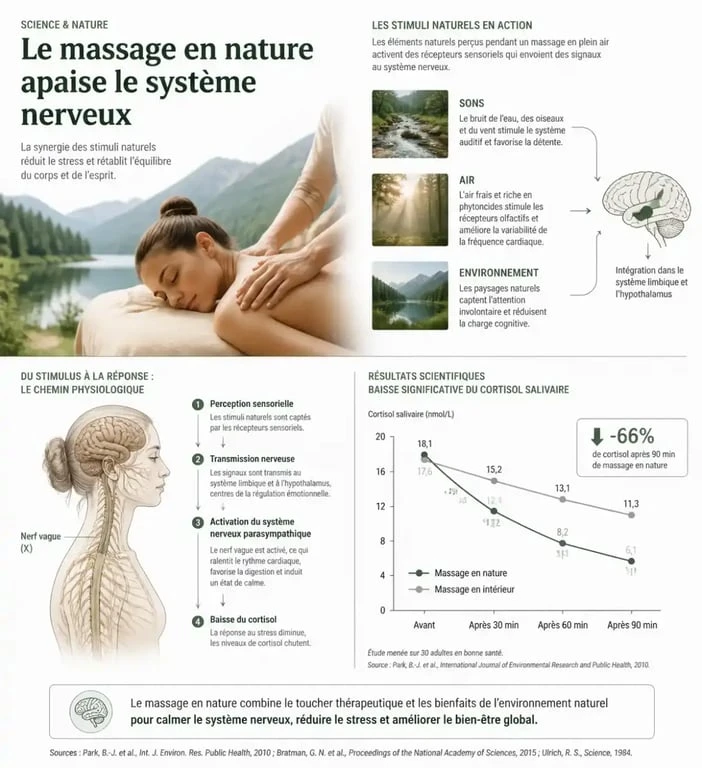Infographie sur les bienfaits physiologiques du massage nature sur le système nerveux
