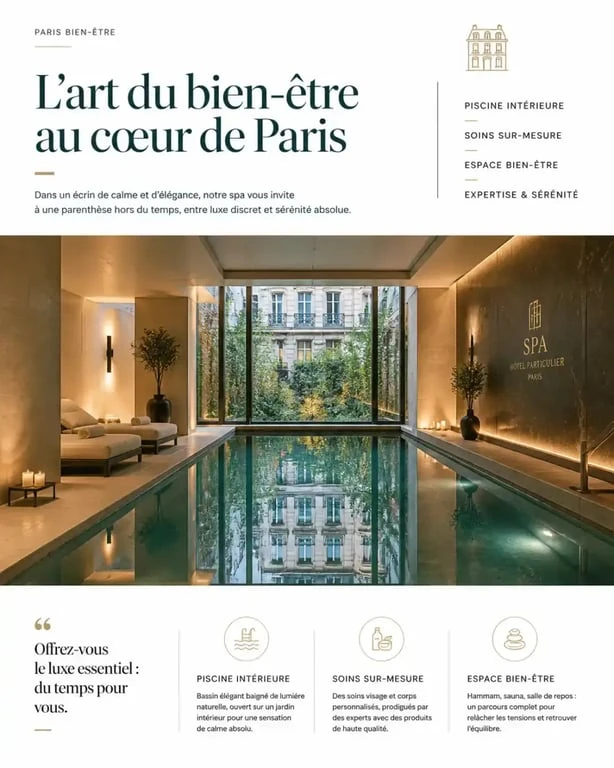 Intérieur d'un hôtel spa de luxe à Paris avec piscine intérieure et ambiance relaxante