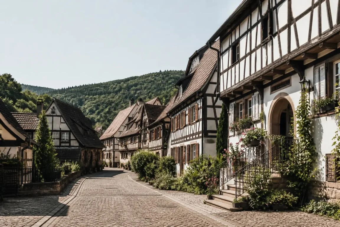 Plus beaux villages de France Vosges : panorama d’un village de charme avec maisons à colombages et collines boisées