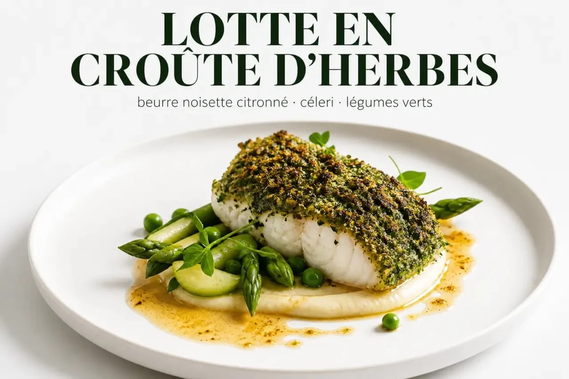 Recette poisson gastronomique : lotte en croûte d’herbes et beurre noisette citronné