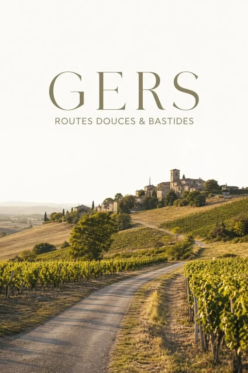Tourisme Gers : paysage de collines, bastide et vignobles au soleil couchant