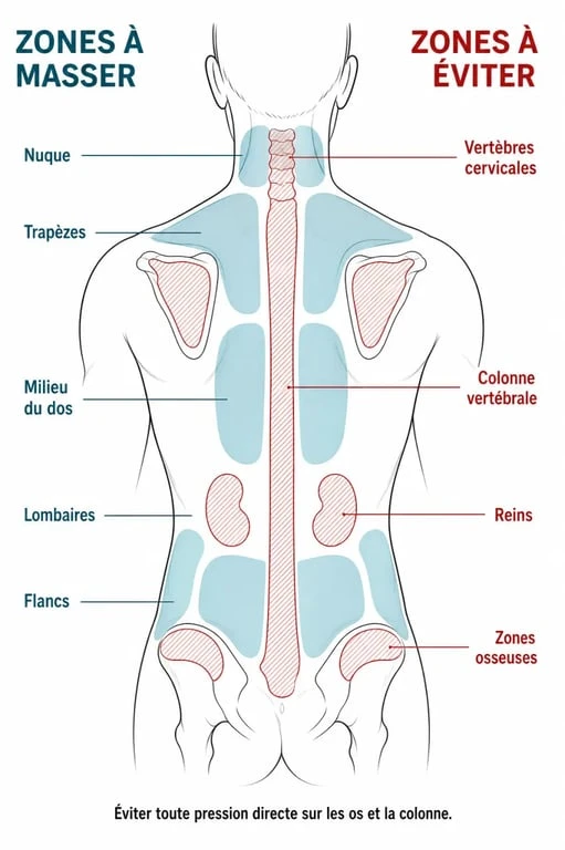 Massage du dos : schéma des zones à masser et de la colonne à éviter