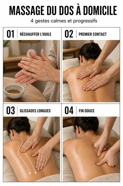 Massage du dos : séquence pas à pas des gestes de préparation et de glisse