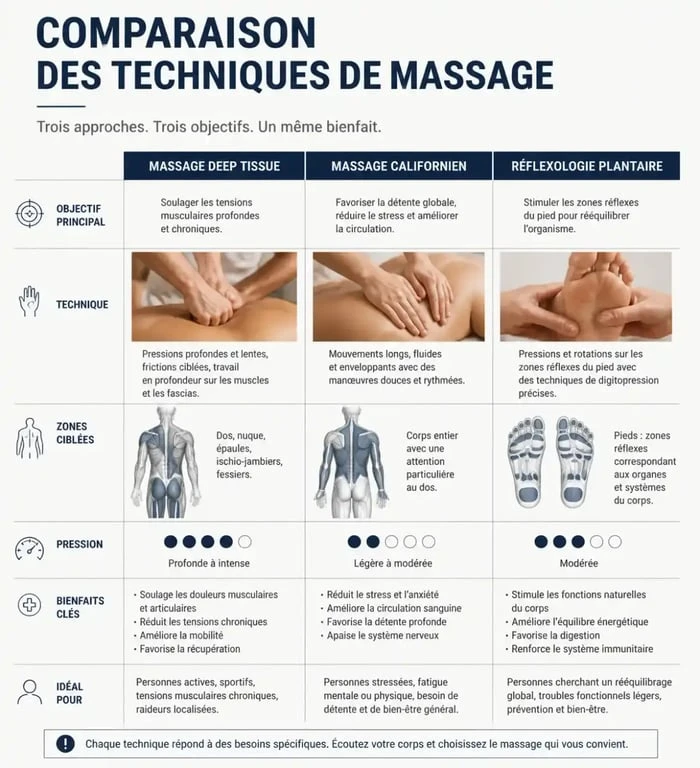 Infographie comparative des techniques de massage à domicile à Paris