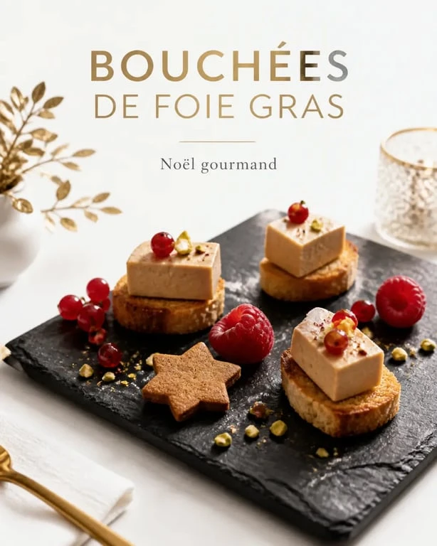 Présentation assiette foie gras grand chef festive de Noël avec bouchées et pain d’épices