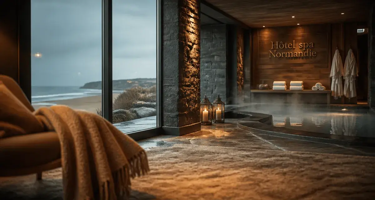Hotel normandie avec spa, vue du hall vers la piscine intérieure