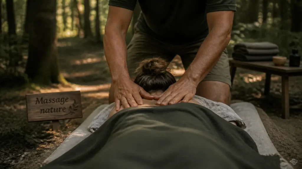 Massage nature en pleine forêt : praticien masse les épaules sur tapis en pleine air.