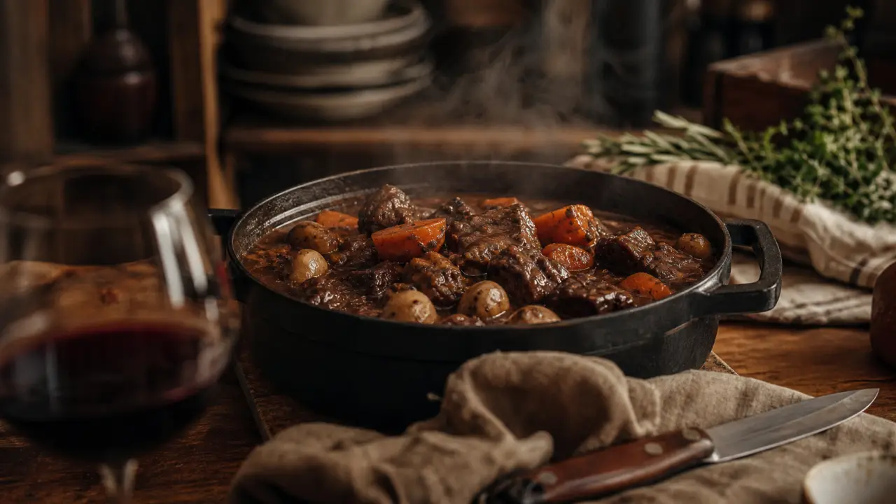 Meilleur plat français : bœuf bourguignon fumant en cocotte