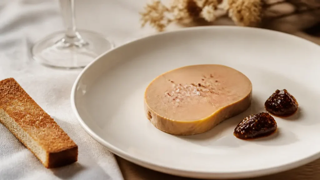 Présentation assiette foie gras grand chef, tranches nettes et toast de brioche